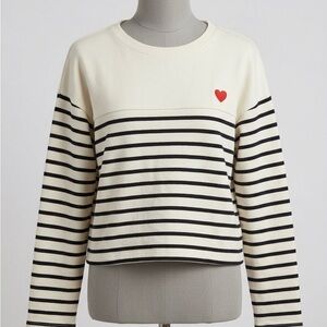 Workshop Republic Clothing Cream & Black Striped Crew Sweater with Red Heart